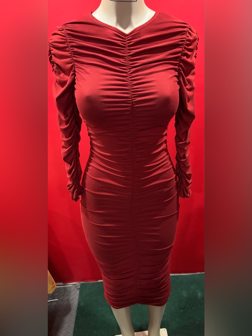 Ruched Midi Dress in Wine Red with Long Sleeves